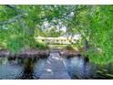 View from the end of the dock facing back to the house and showcasing mature landscaping at 13329 N Armenia Ave, Tampa, FL 33613