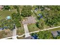 Aerial view showcasing the property and its surrounding landscape, including lush trees and nearby pools at 5905 Caroline Dr, Wesley Chapel, FL 33545