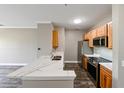Stylish kitchen featuring stainless steel appliances, wood cabinets and modern countertop at 5000 Culbreath Key Way # 9-104, Tampa, FL 33611