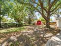 Large backyard featuring mature trees, a wooden fence, and a small red shed at 13556 Lake Magdalene Dr, Tampa, FL 33613