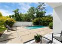 Backyard pool area featuring chaise lounges, patio and lush tropical landscaping around the perimeter at 7608 Antilla St, Tampa, FL 33625