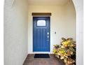 Inviting front door with sidelight and stylish hardware, complemented by a lush potted plant at 17228 Holly Well Ave, Wimauma, FL 33598
