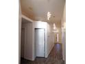 Bright hallway with wood-look floors, modern lighting, and textured wall accents leading to various rooms at 25417 Lexington Oaks Blvd, Wesley Chapel, FL 33544