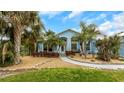 Charming one-story home with a light-blue facade, arched entryway, palm trees, and manicured front yard at 424 Island Cay Way, Apollo Beach, FL 33572