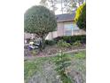 Landscaped front yard featuring a variety of greenery and a decorative bench at 18607 Bent Pine Dr, Hudson, FL 34667