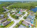 An aerial view of a residential neighborhood highlighting tree coverage, a lake, and nearby roadways at 384 Tavernier Cir, Oldsmar, FL 34677