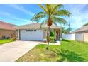Charming one story home featuring a two car garage, manicured lawn and mature palm tree at 1666 Meadow Oak Ln, Tarpon Springs, FL 34689