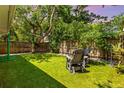 Lush backyard featuring green turf, mature trees, and outdoor seating area at 522 James St, Dunedin, FL 34698