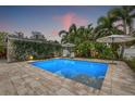 Inviting backyard pool area with brick pavers, lounge chairs, umbrellas, and lush tropical landscaping at 818 37Th Ne Ave, St Petersburg, FL 33704