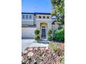 View of the front door with gray paint, flanked by topiaries and leading to a walkway at 2515 Cross More St, Valrico, FL 33594