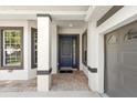 Front entrance with a blue door, beige stone floors, and dark window and door trim at 20403 Walnut Grove Ln, Tampa, FL 33647