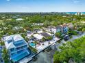 Expansive aerial view of a waterfront property with a private pool, dock, and access to a scenic canal at 5430 Avenida Del Mare, Sarasota, FL 34242