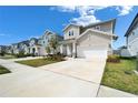 Charming street view showcasing well-maintained homes, lush lawns and wide driveways leading to attached garages at 28847 Orange Berry Dr, Wesley Chapel, FL 33543