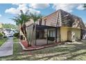 Angle view of the building's exterior showing palm trees, mulch beds, screened porch, and a portion of the walkway at 12736 Wood Trail Blvd, Tampa, FL 33625