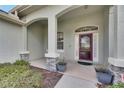 Covered front porch area featuring stone accents, decorative plants, and an elegant front door at 3004 Spring Hammock Dr, Plant City, FL 33566