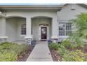 Inviting front porch with decorative columns, potted plants, and a stylish front door at 3004 Spring Hammock Dr, Plant City, FL 33566