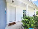 Inviting front entrance with white door, tidy landscaping, and covered porch at 8442 Pinewood Ave, Brooksville, FL 34613