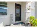 Elegant front door with glass panels, decorative welcome mat, and charming exterior lighting fixture at 10814 Whitland Grove Dr, Riverview, FL 33578