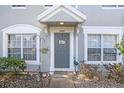 Up close view of the townhome entrance with a stylish gray door, and decorative accents at 2418 Lake Woodberry Cir, Brandon, FL 33510