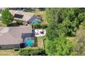Aerial view of two pools, a patio, and an outdoor seating area surrounded by lush greenery at 3212 Sunset Lakes Blvd, Land O Lakes, FL 34638