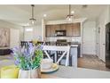 Bright kitchen featuring stainless steel appliances, center island, and modern lighting fixtures at 32721 Brooks Hawk Ln, Wesley Chapel, FL 33543