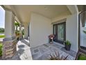 Covered front porch features stone accents, a stylish door, and decorative plants for a welcoming entrance at 11407 Leland Groves Dr, Riverview, FL 33579