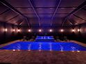 Beautiful indoor pool with integrated water feature, lounge chairs, and ambient lighting at 21422 Draycott Way, Land O Lakes, FL 34637