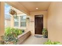 Cozy covered front porch featuring decorative plants and a hanging basket, perfect for enjoying the outdoors at 11818 Valhalla Woods Dr, Riverview, FL 33579