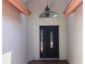Close up of front door entrance featuring glass door, transom window, and hanging lantern at 8908 Southbay Dr, Tampa, FL 33615