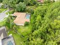 Aerial view of a backyard featuring a pool and a lush green perimeter at 12217 Snead Pl, Tampa, FL 33624