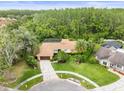 Aerial view of a home surrounded by lush greenery, featuring a screened-in pool and a circular driveway at 12217 Snead Pl, Tampa, FL 33624