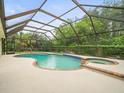 A screened pool and spa featuring a brick trim and a surrounding concrete patio at 12217 Snead Pl, Tampa, FL 33624
