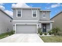 Well maintained two-story home with a gray exterior, and landscaped front yard at 5602 Wandering Willow Dr, Wesley Chapel, FL 33545