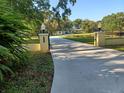 Curving driveway through lush landscaping, leading to a yellow home with a secure, gated entrance at 3321 Meander Ln, Safety Harbor, FL 34695