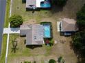 Aerial view of the property showcasing a private pool with screened enclosure and oversized detached garage at 9304 Nile Dr, New Port Richey, FL 34655