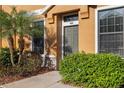 Close-up of the front door entrance featuring a well-kept yard and colorful landscaping at 16621 Kingletside Ct, Lithia, FL 33547