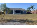 A spacious backyard with a screened lanai, tropical palm trees, and a privacy fence at 10540 Carloway Hills Dr, Wimauma, FL 33598