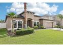 Inviting home with a well-maintained lawn, mature palms, and a welcoming entrance at 14227 Alistar Manor Dr, Wimauma, FL 33598