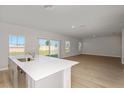 Kitchen and open-plan living area with wood floors, sliding door, and modern finishes at 14789 Summer Branch Dr, Lithia, FL 33547