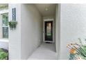 Inviting covered front entrance with elegant door, textured walls, and decorative plants at 13034 Bliss Loop, Bradenton, FL 34211