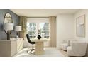 Bright home office featuring a modern desk, comfortable seating, and large windows at 3584 Silent Gardens Cv, Wesley Chapel, FL 33543