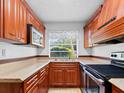 Charming kitchen with stainless steel appliances, wood cabinets, and a garden view at 7535 Abonado Rd, Tampa, FL 33615