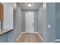 Bright entryway with neutral paint, wood-look flooring, and a modern white door at 11136 Hartford Fern Dr, Riverview, FL 33569