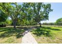 Spacious backyard featuring mature trees and a brick pathway, creating a serene outdoor retreat at 5807 Thoreau Pl, Lithia, FL 33547