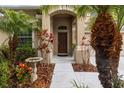 Charming front entrance with a solid wood door, decorative plants, and a stone bird bath at 18243 Cypress Bay Pkwy, Land O Lakes, FL 34638