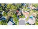 Aerial view of a home nestled among lush greenery, showcasing the backyard pool and proximity to neighboring houses at 50 Pembrook Cir, Palm Harbor, FL 34683