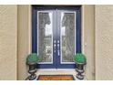 Elegant double front doors with decorative glass insets, potted plants, and a welcoming doormat at 11146 Rustic Timber Loop, San Antonio, FL 33576