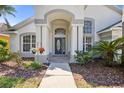 Close-up of the front entrance, highlighting the decorative door and manicured landscaping at 7001 Cohasset Cir, Riverview, FL 33578