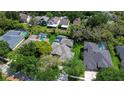An aerial view displays the neighborhood with many screened in pools surrounded by mature trees and lush lawns at 6112 Ibispark Dr, Lithia, FL 33547