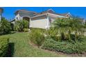Beautifully landscaped front yard with lush greenery, mature palms, and a light green exterior at 13539 Circa Crossing Dr, Lithia, FL 33547